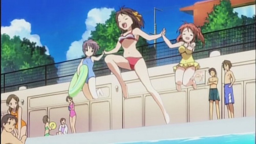 haruhi season 2, big time waster or greatest joke? First Episode, we see Haruhi in a red-white bikini.